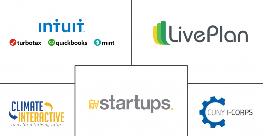 Logos from the businesses Intuit, LivePlan, Climate Interactive, CUNY Startups and CUNY I-Corps