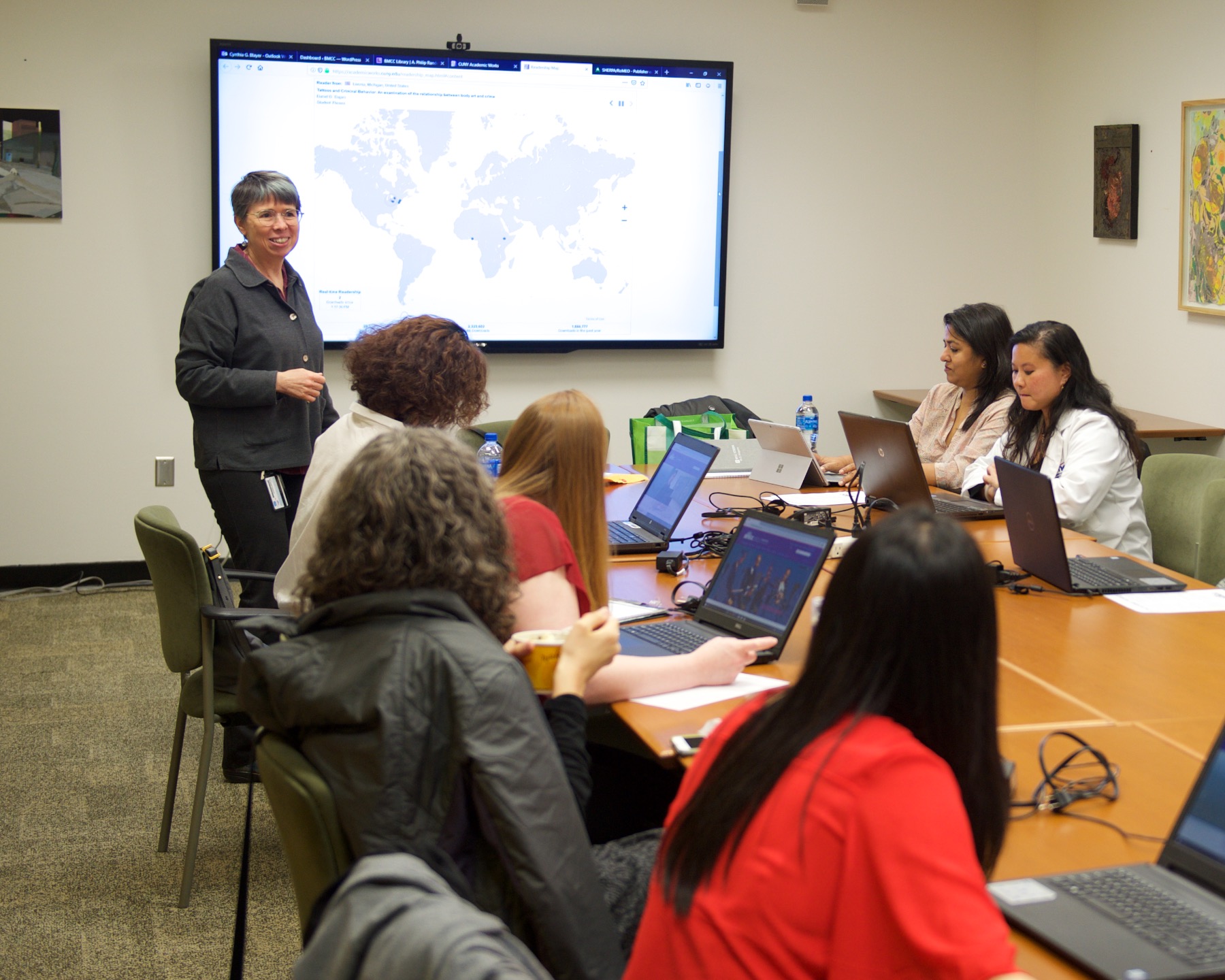 Jean Amaral leads a staff development workshop before March 2020, when the campus switched to distance learning because of the pandemic and state-directed stay-at-home directive.