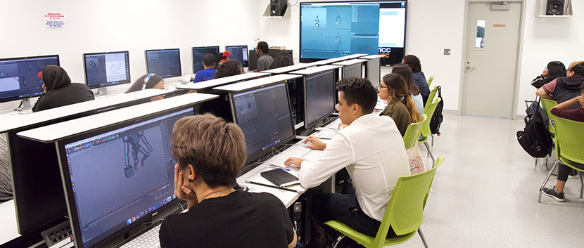 students at computers in media lab
