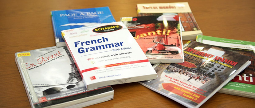 foreign language books on a table