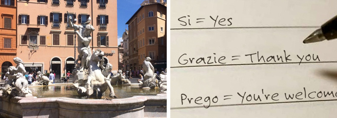 Italian piazza plus image of writing and translation of words in Italian