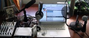 podcast equipment on a desk