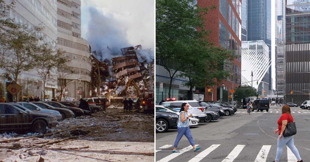 Fiterman Hall before and after the attacks of 9/11