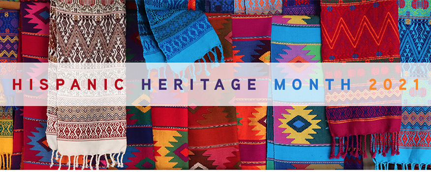 Image of colorful blankets and the words "Hispanic Heristage Month"