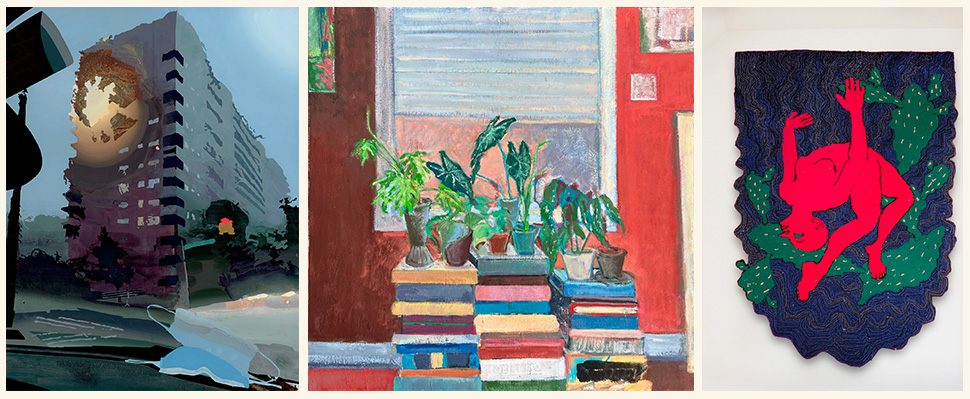 Shown (L-R): Siobhan McBride, Squall, 2021, Acrylic gouache on paper on panel; Louis Esposito, Finding Light, 2021-22, Oil paint on canvas; Jessica Ramirez, Figure Falling / 3D Chromadepth Rug, 2021, Acrylic yarn.