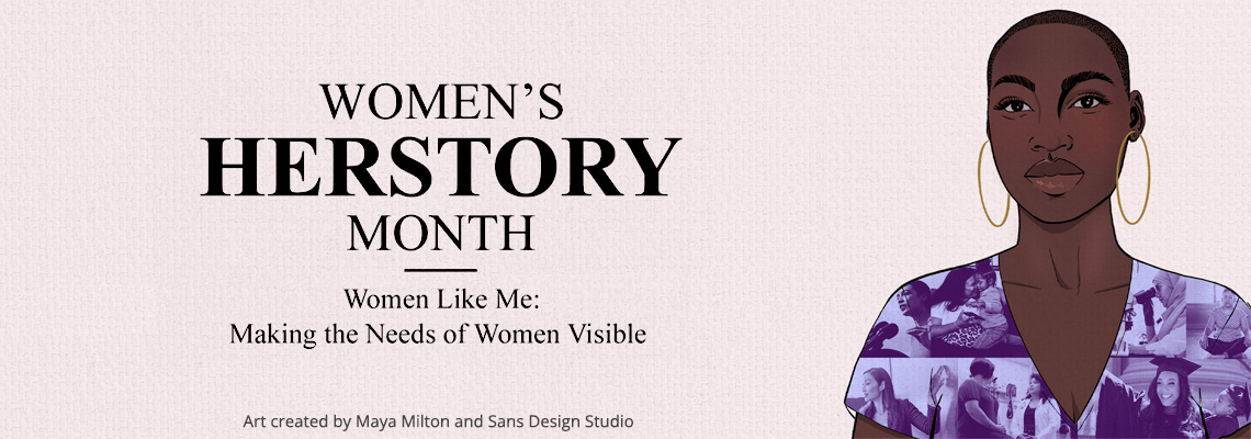 Women's HerStory Month banner with illustration of a woman in colorful clothing