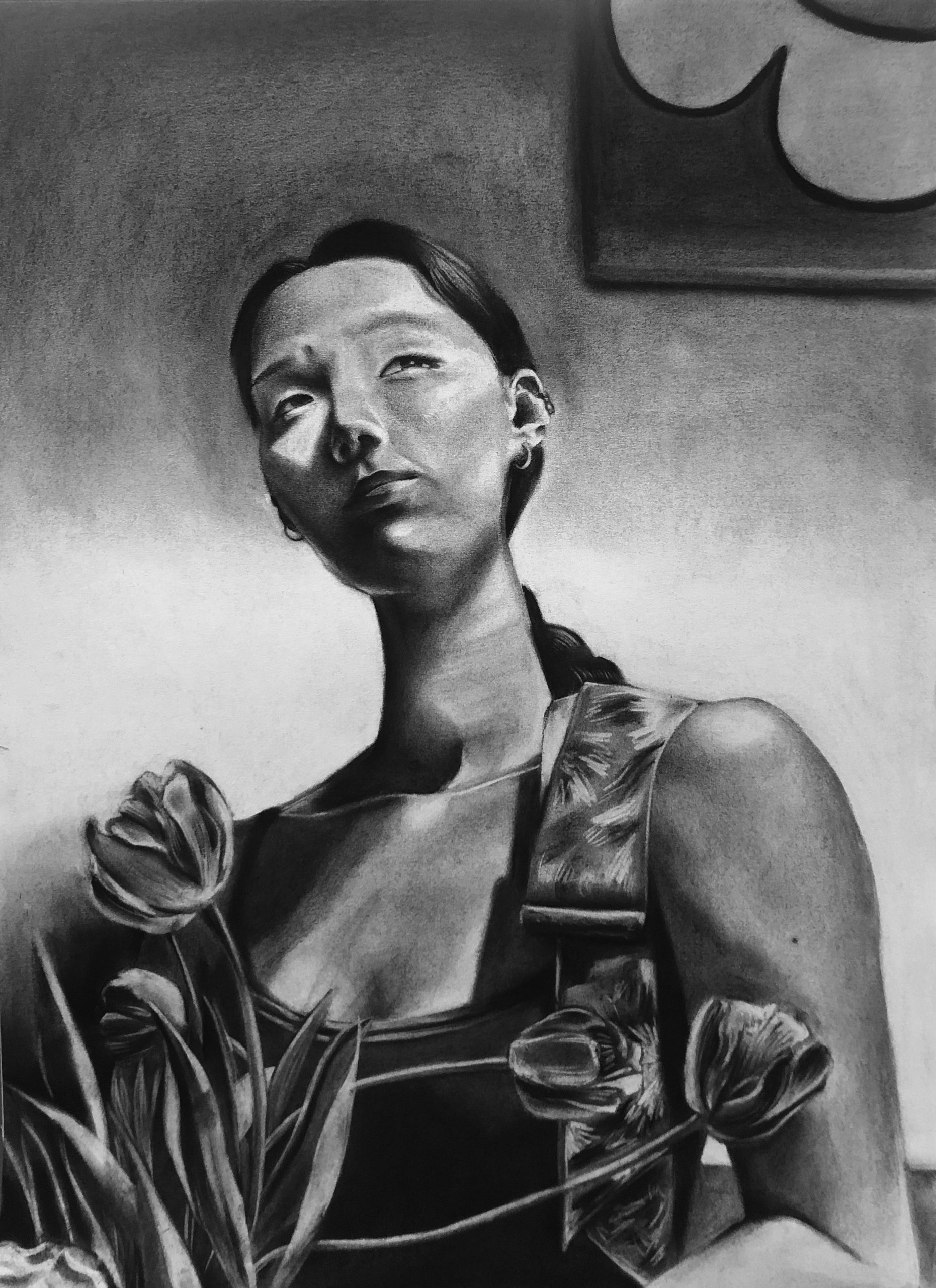 Lemon Kim, ART 270: Portrait Drawing, Charcoal on paper, 24 x 18", "Self Portrait with Tulips"