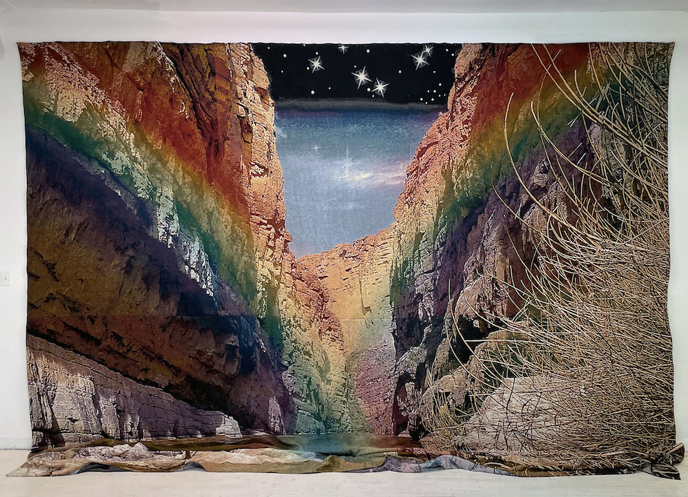 George Bolster, The Double Rainbows of Tatooine (Kepler 16b): Truncated Timelines Inhibit Our Understanding of Who, Where, and Why We Are, 2021, Jacquard tapestry, 156 x 192 inches, Courtesy of the artist and Ulterior Gallery, NY