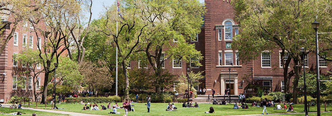 brooklyn College Campus which has a wide lawn and trees surrounded by buildings