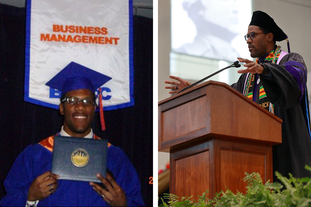 Alumnus Jordan Michel in 2008 at BMCC Commencement (L) and speaking at George Washington University Law School commencement (R) in May 2022.
