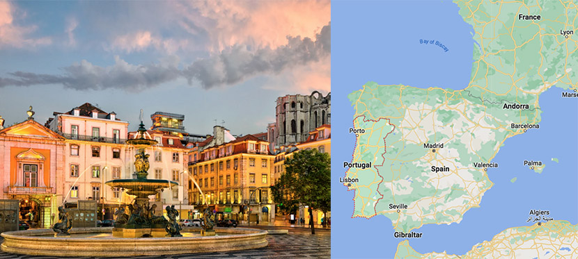 images of Lisbon and map of Portugal