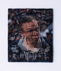 Noel W Anderson, Fan Addict Series, 2023, Distressed and stretched cotton tapestry, 24 x 20 inches
