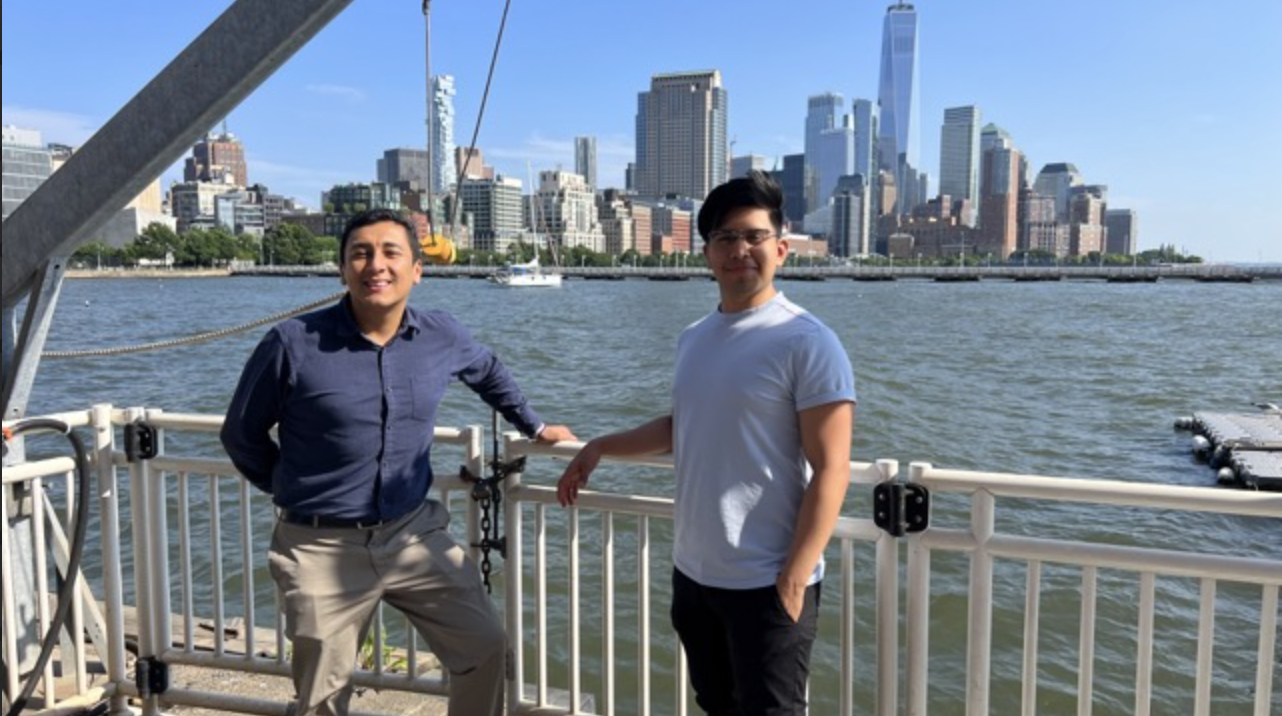 L-R: Science Professor Abel Navarro and his mentee Science major Brandon Campos, who won the Tibor Polgar Fellowship from the Hudson River Foundation to conduct research with Dr. Navarro on the elimination of heavy metals from Hudson River using agricultural wastes.