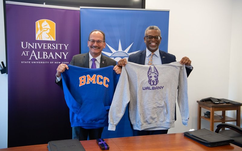 (L-R) University at Albany (UAlbany) President Havidán Rodríguez and BMCC President Anthony E. Munroe signed a partnership agreement on Jan. 8, 2024