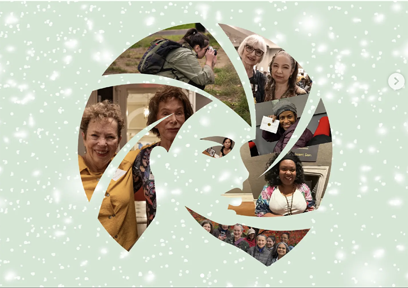 Graphic of an illustrated woman's head and sections of her hair filled with photographs of women from the Professional Women Photographers organization.