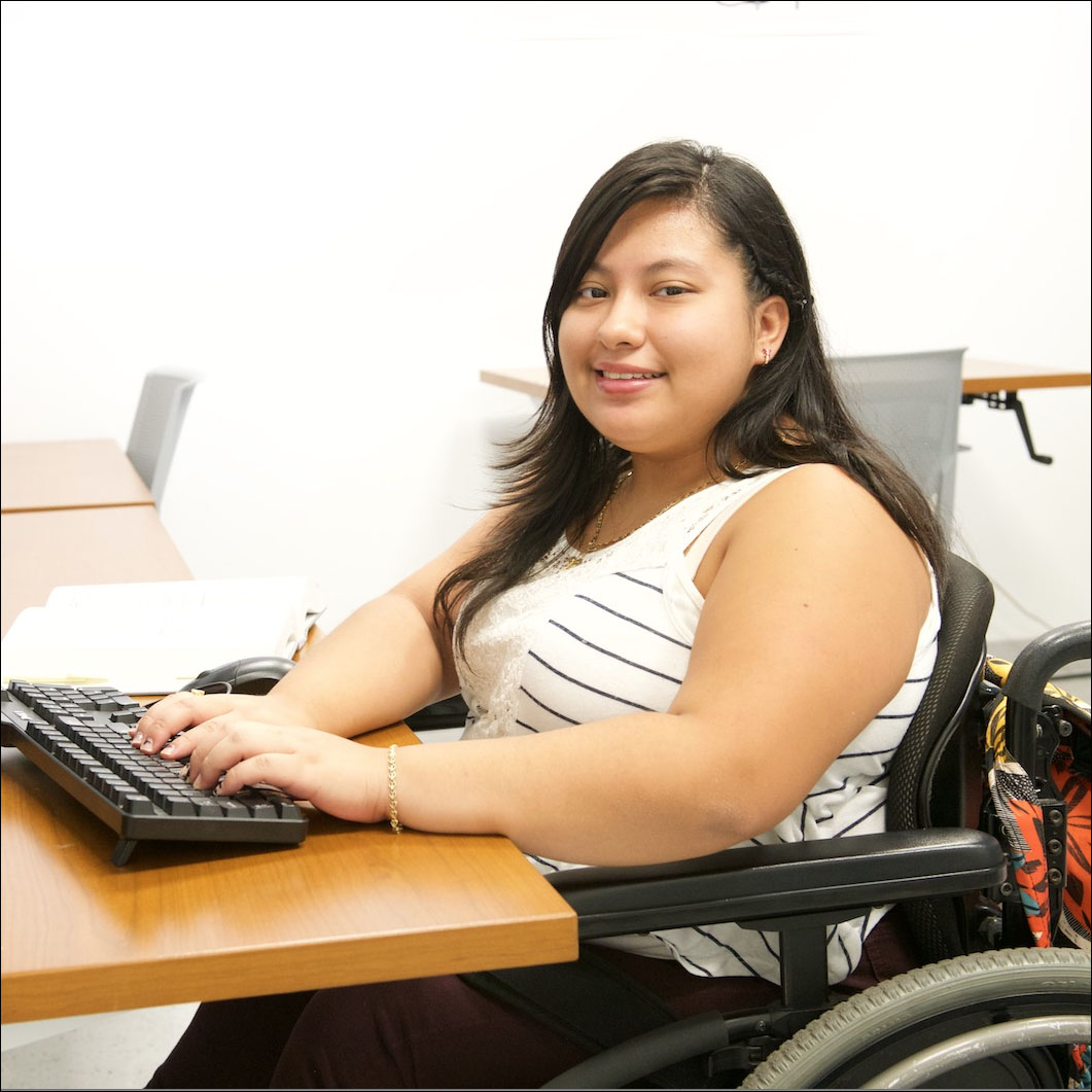 student in wheelchair using computer