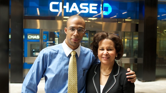 BMCC student, Eric Petty-Owens, and Patricia David, Managing Director and Global Head of Diversity for JP Morgan Chase