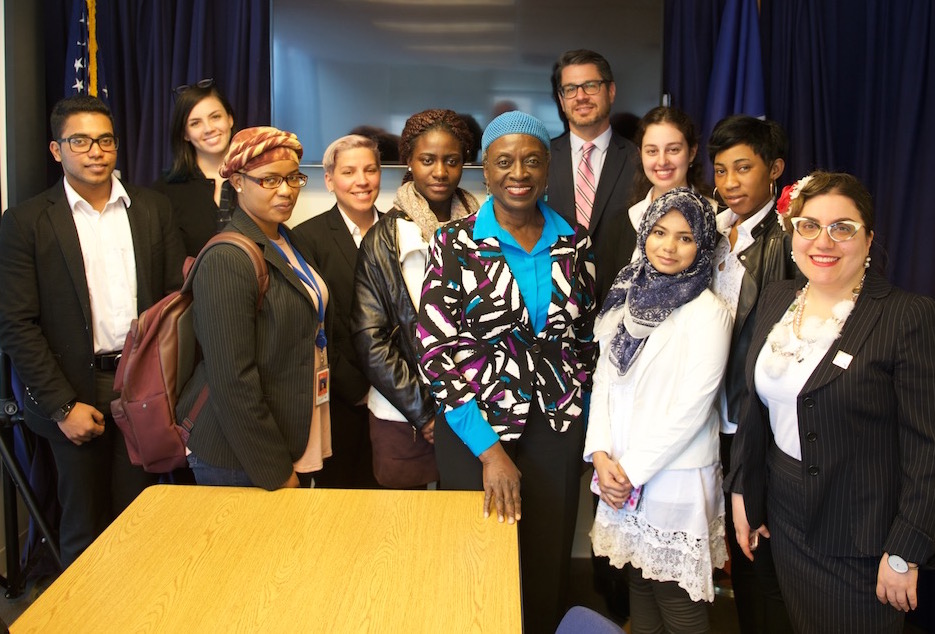 Students in the BMCC Civic Leadership and Participation group meet with NYC Council Member Inez Barron (center, front)
