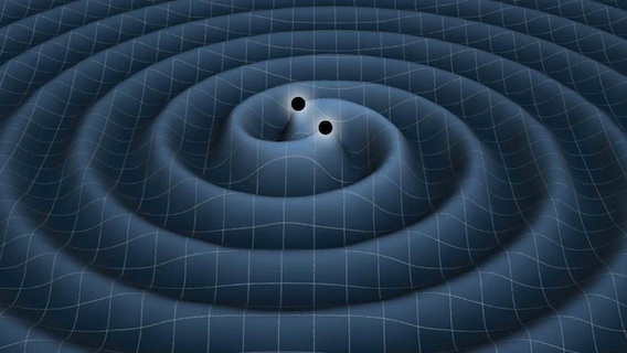 An illustration of the gravitational waves generated by two black holes in orbit around one other. Credit: NASA.