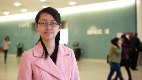 Nga Ping Lam, BMCC's Youth Representative for the Association for Women in Psychology, reports student concerns to the United Nations.