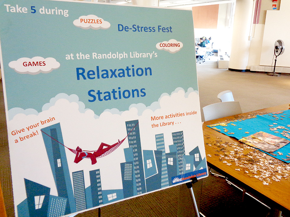 Relax in the library with puzzles and coloring