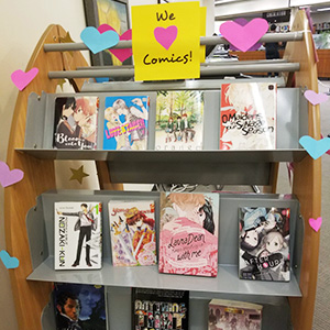 Display of comics about relationships and love