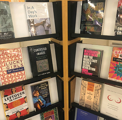 Display of books about women