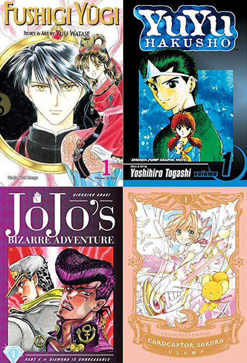 Covers of Fushigi Yuugi, YuYu Hakusho, JoJo's Bizarre Adventure, and Cardcaptor Sakura