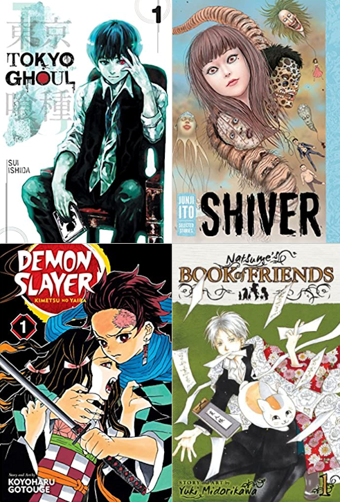 Book covers of Tokyo Ghoul, Shiver, Demon Slayer, and Natsume's Book of Friends